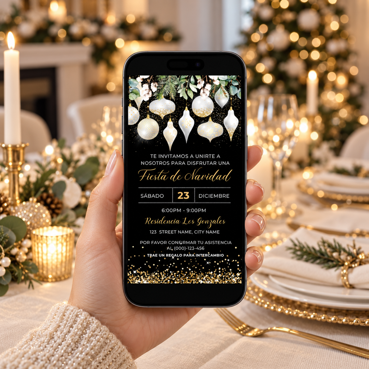 Elegant White Gold Christmas Ornaments Invitation displayed on a phone at a festive holiday table setting