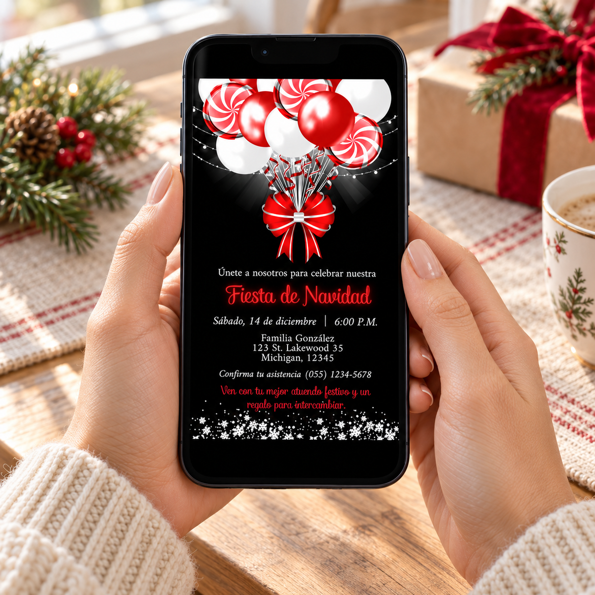 Editable Spanish Candy Cane Balloons Christmas Invitation displayed on a smartphone for festive Fiesta de Navidad celebration.