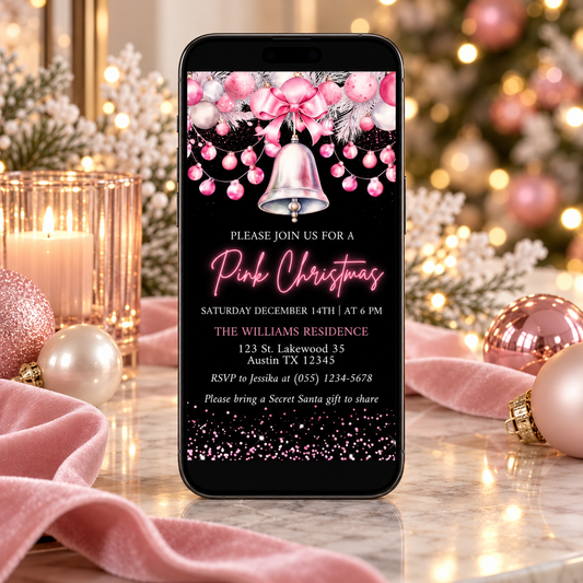 Digital Chic Pink Christmas Party Invitation on a phone among holiday decorations, featuring a festive design for a Christmas celebration.