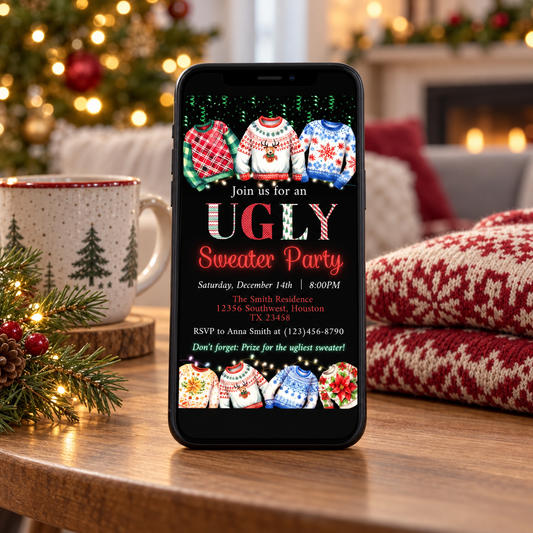 Ugly Sweater Party Office Gathering Evite on a smartphone, showcasing colorful sweaters and event details.