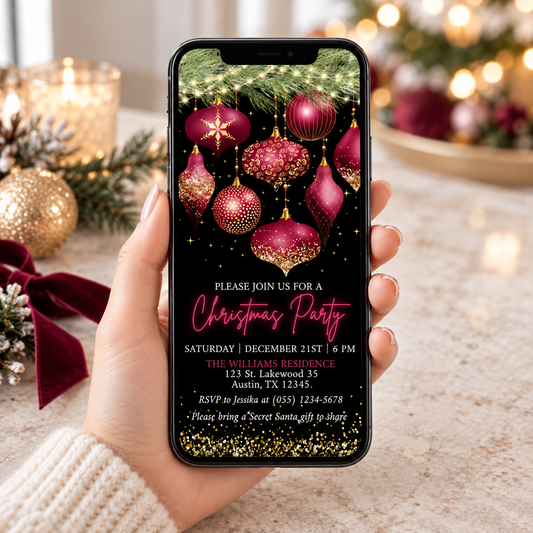 Burgundy & Gold Christmas Party Invitation displayed on a smartphone with festive ornaments and RSVP details.