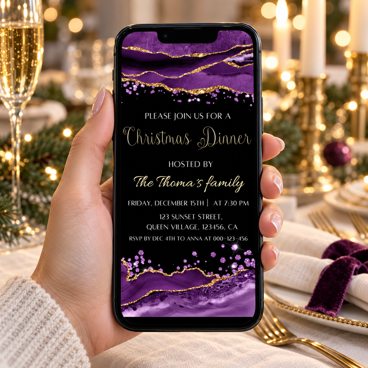 Purple Agate Christmas Dinner Invitation Template displayed on a phone, featuring rich violet tones and gold details.