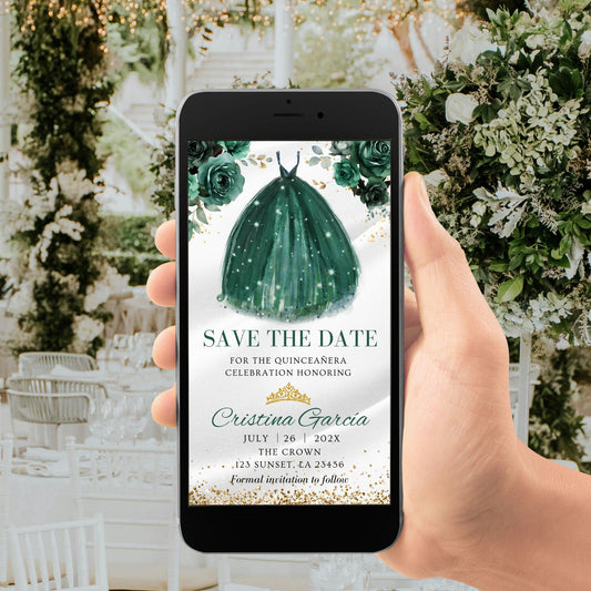 Editable Emerald Green Floral and Princess Quinceanera Save the date Template