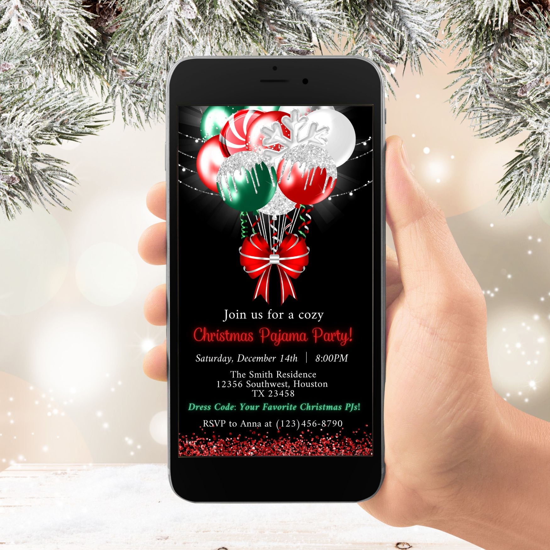 Christmas Pajama Party Invitation with Candy Cane Balloons