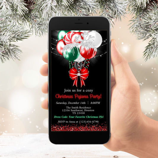 Christmas Pajama Party Invitation with Candy Cane Balloons