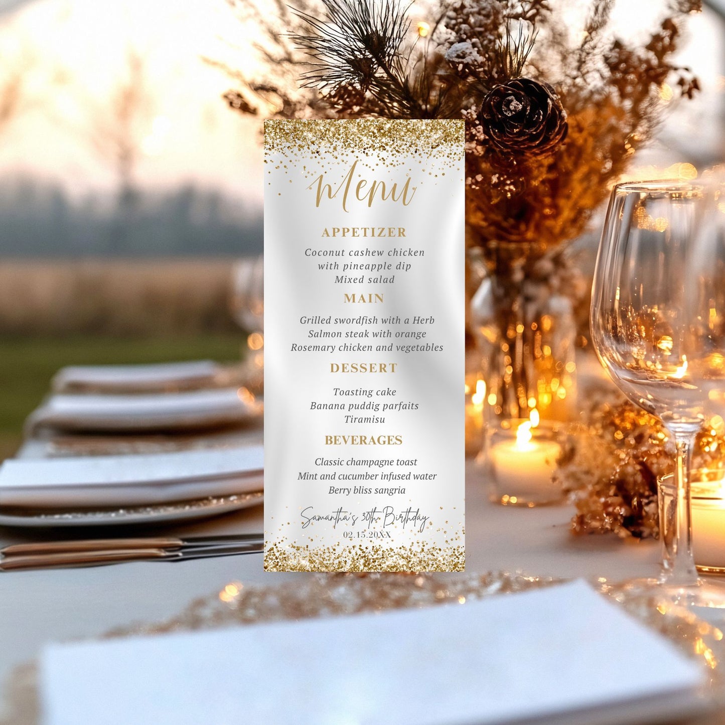Gold Glitter Menu card on a table with decorative elements and outdoor setting