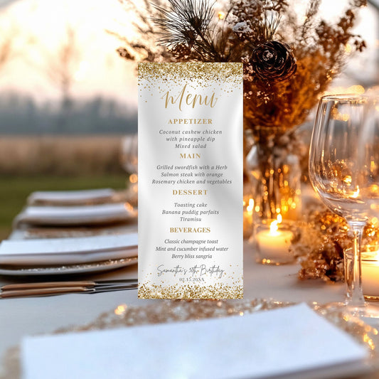 Gold Glitter Menu card on a table with decorative elements and outdoor setting