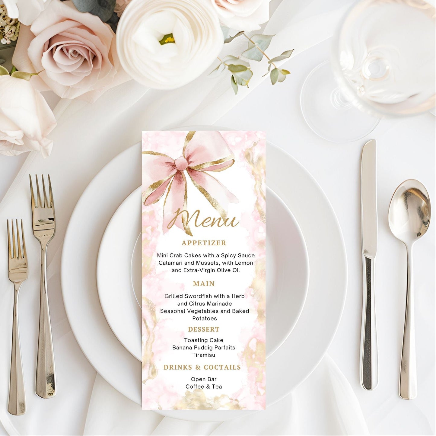 Elegant Pink Gold Bow Menu Card Template