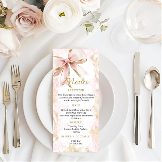 Elegant Pink Gold Bow Menu Card Template