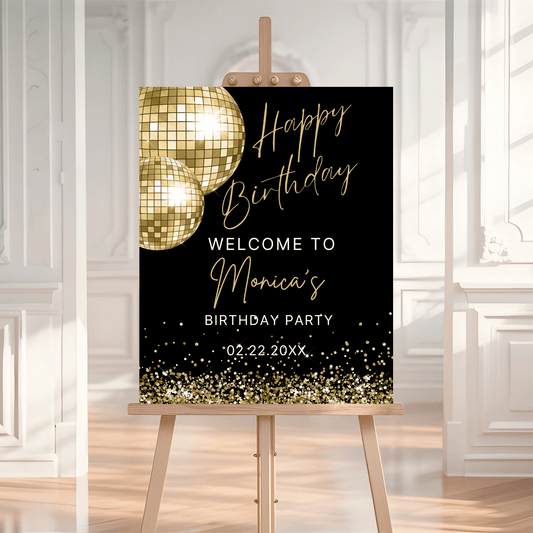 Gold Disco Ball Birthday Welcome Sign, Retro Black & Gold Party Poster, Happy Birthday Sign for Any Age, Instant Download