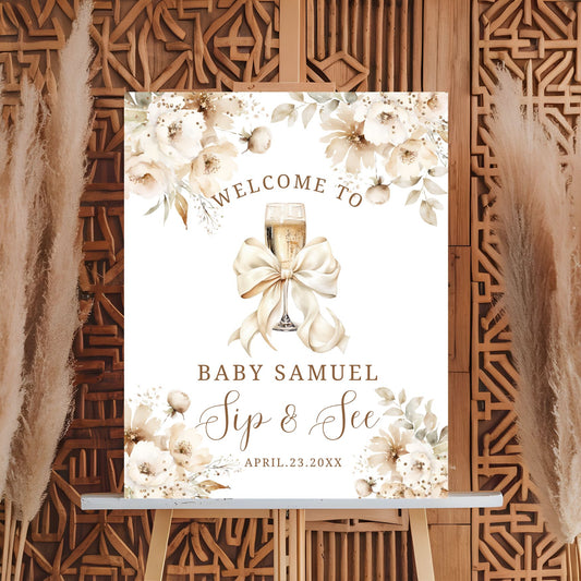 Elegant Boho Floral Champagne Baby Welcoming Sign