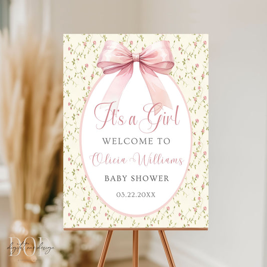 Pink Coquette Bow Baby Shower Welcome Sign