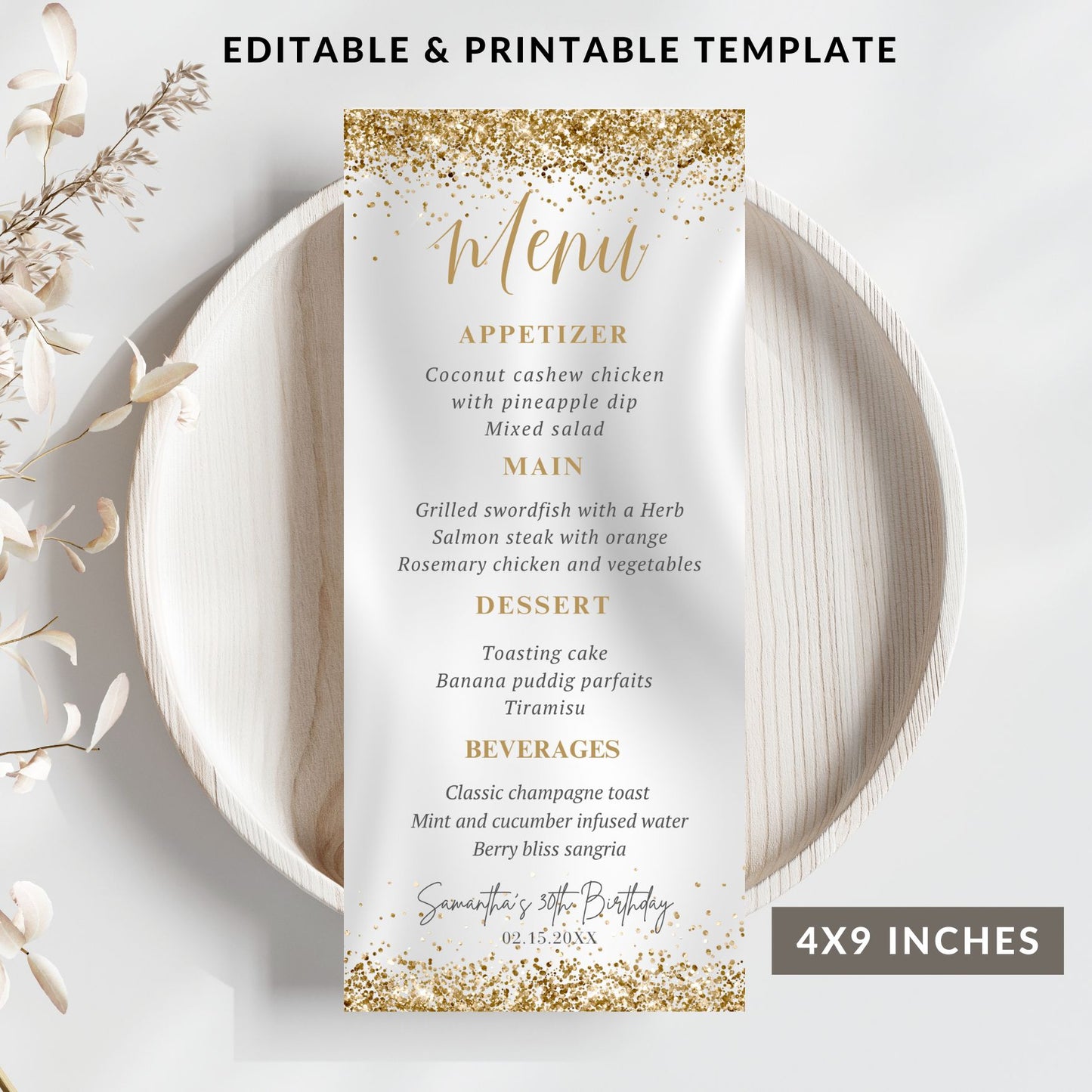 Editable Luxury Gold glitter menu card, 4x9 inches