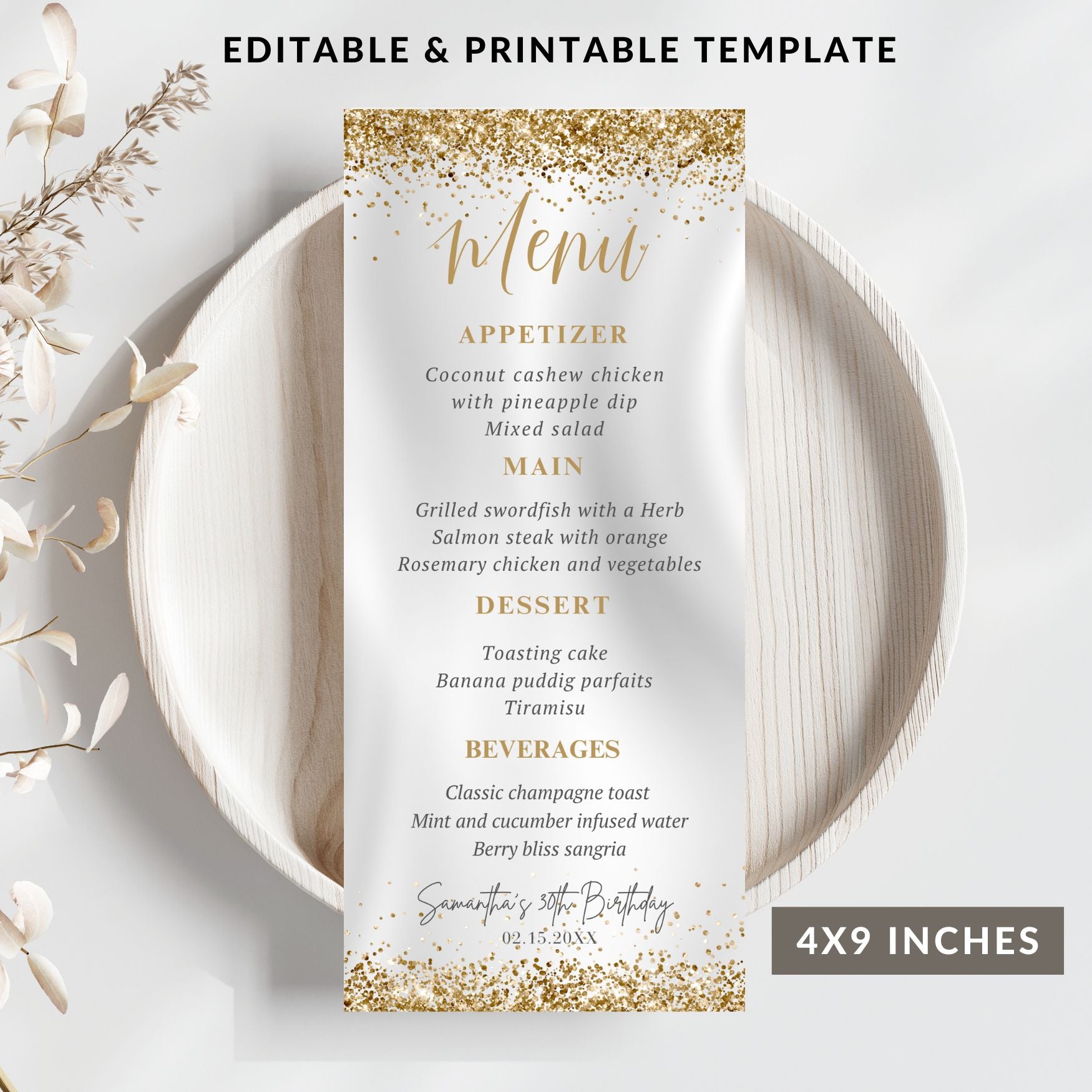 Editable Luxury Gold glitter menu card, 4x9 inches