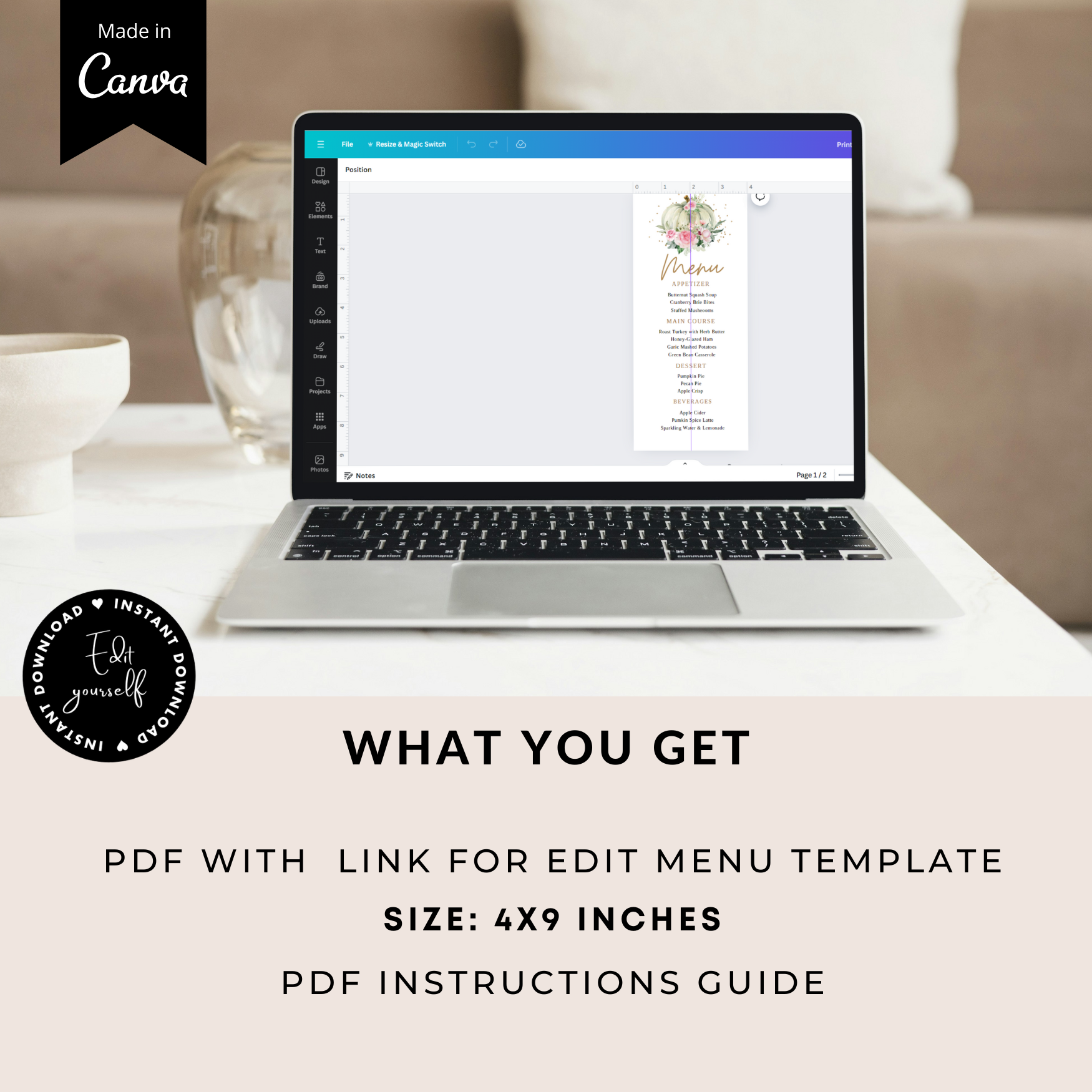 Laptop on a table with a menu template displayed. 