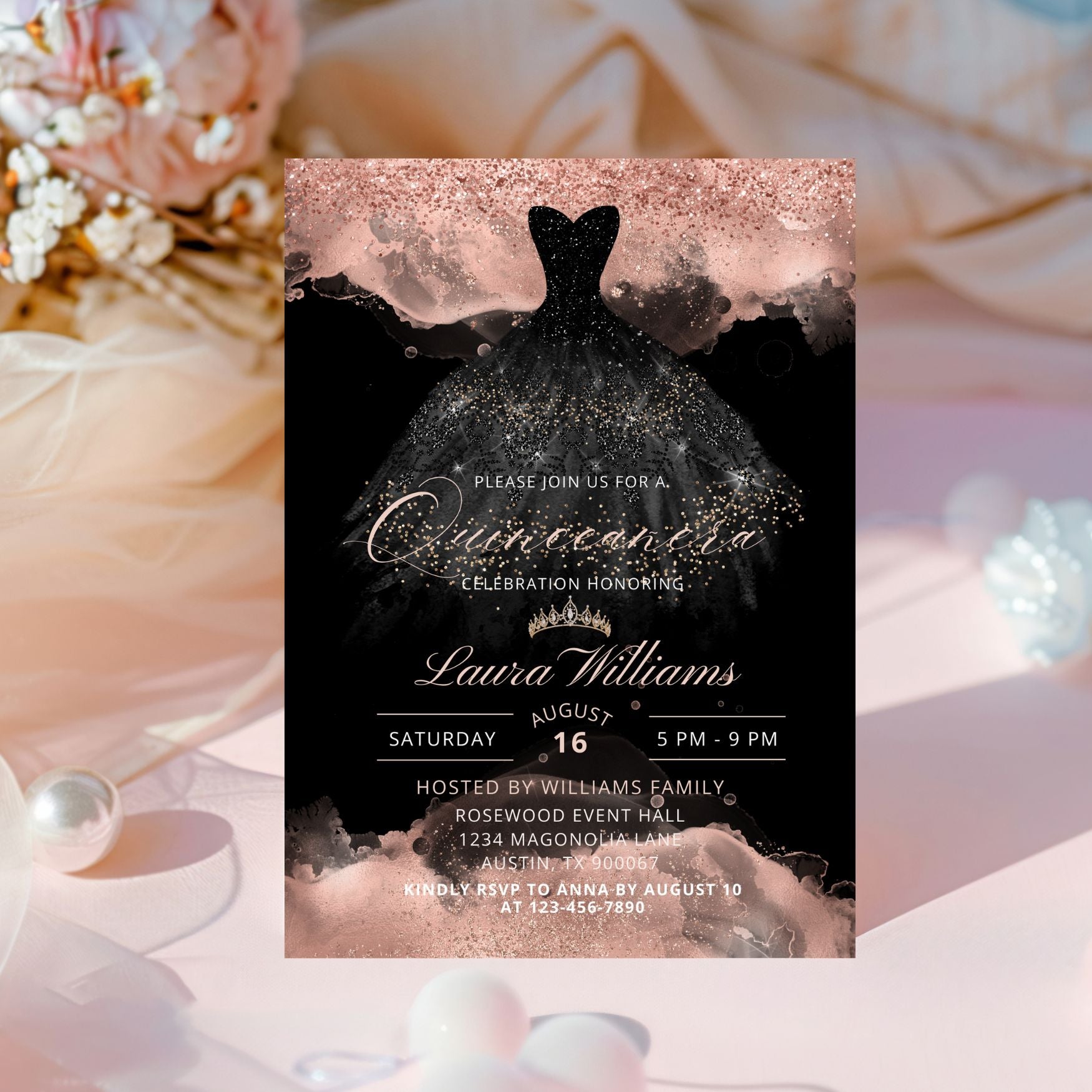 Elegant Black Rose Gold Princess Quinceanera Invitation
