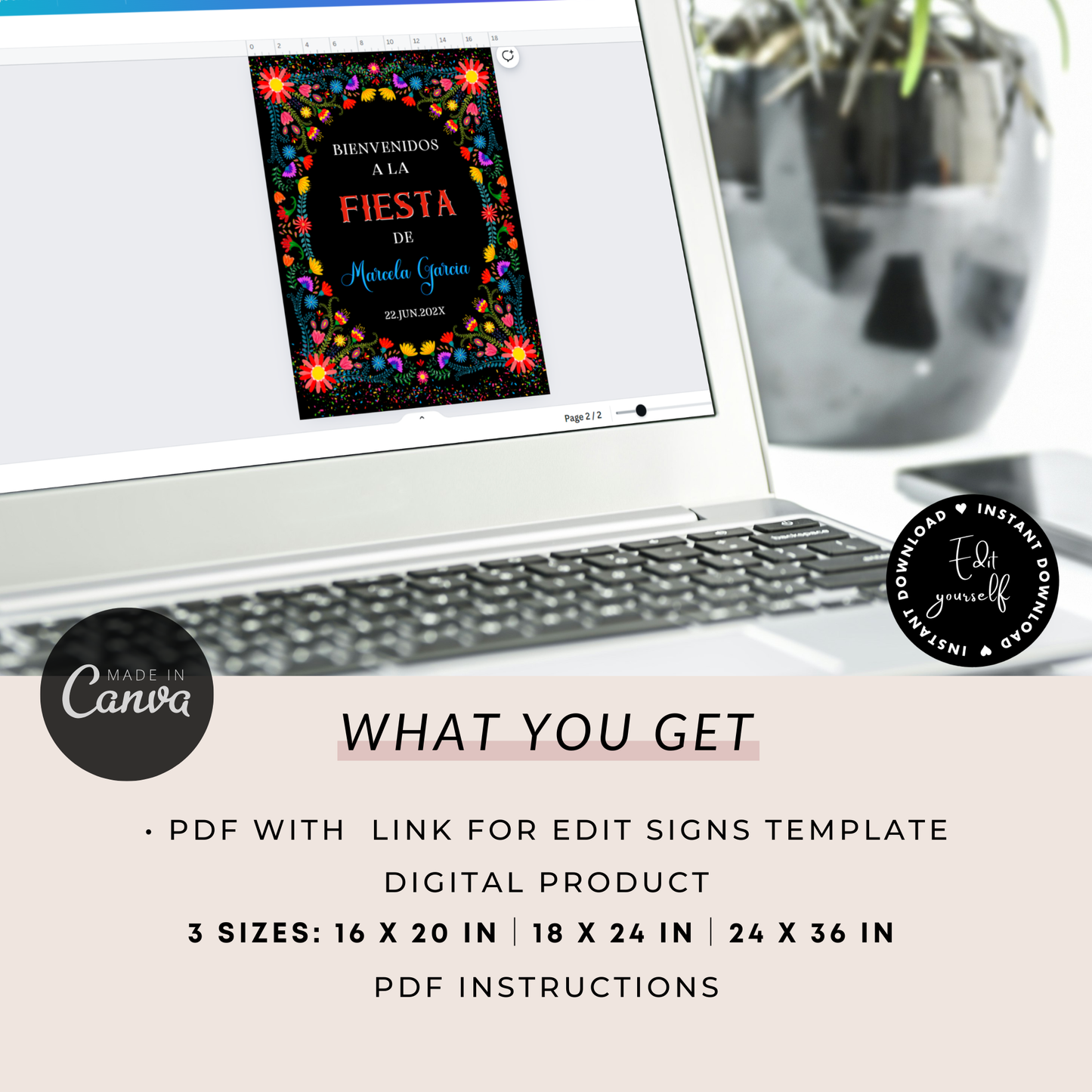 Spanish Fiesta Birthday Party Welcome Sign Template in Canva with vibrant floral design and editable PDF instructions.
