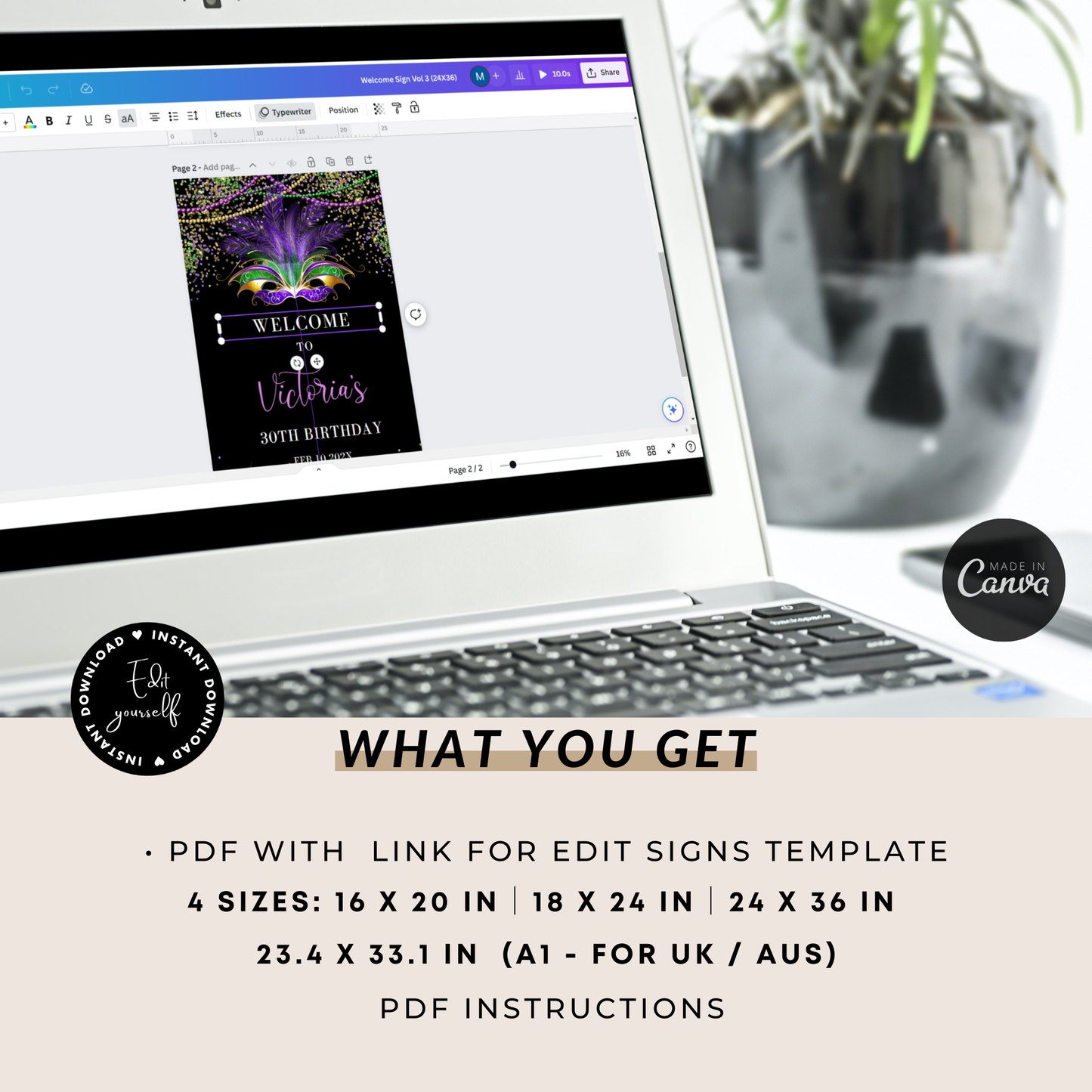 Editable Mardi Gras Theme Welcome Sign Birthday Party Decor displayed on laptop screen with customizable template.