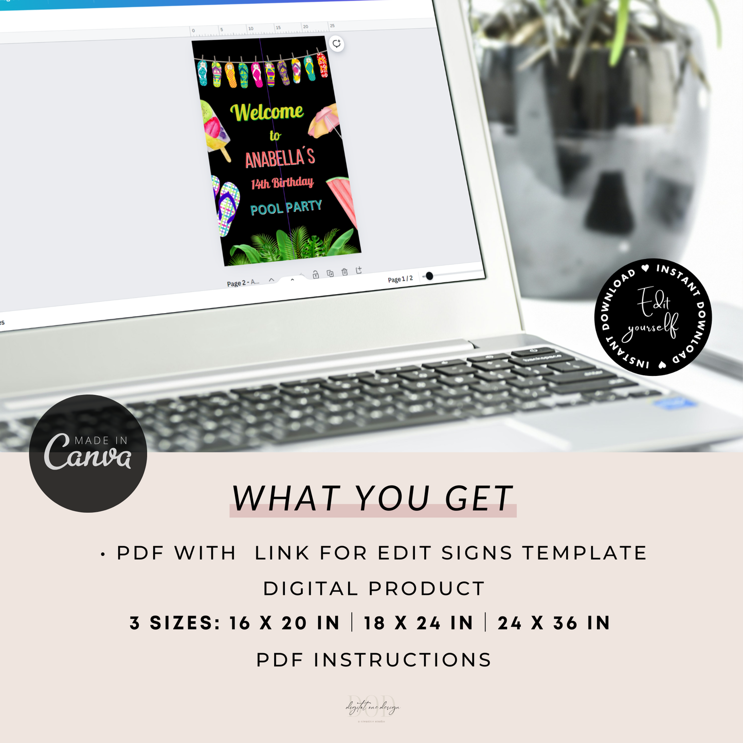 Colorful Flip Flops Pool Party Welcome Sign Template on a laptop screen with digital instructions.