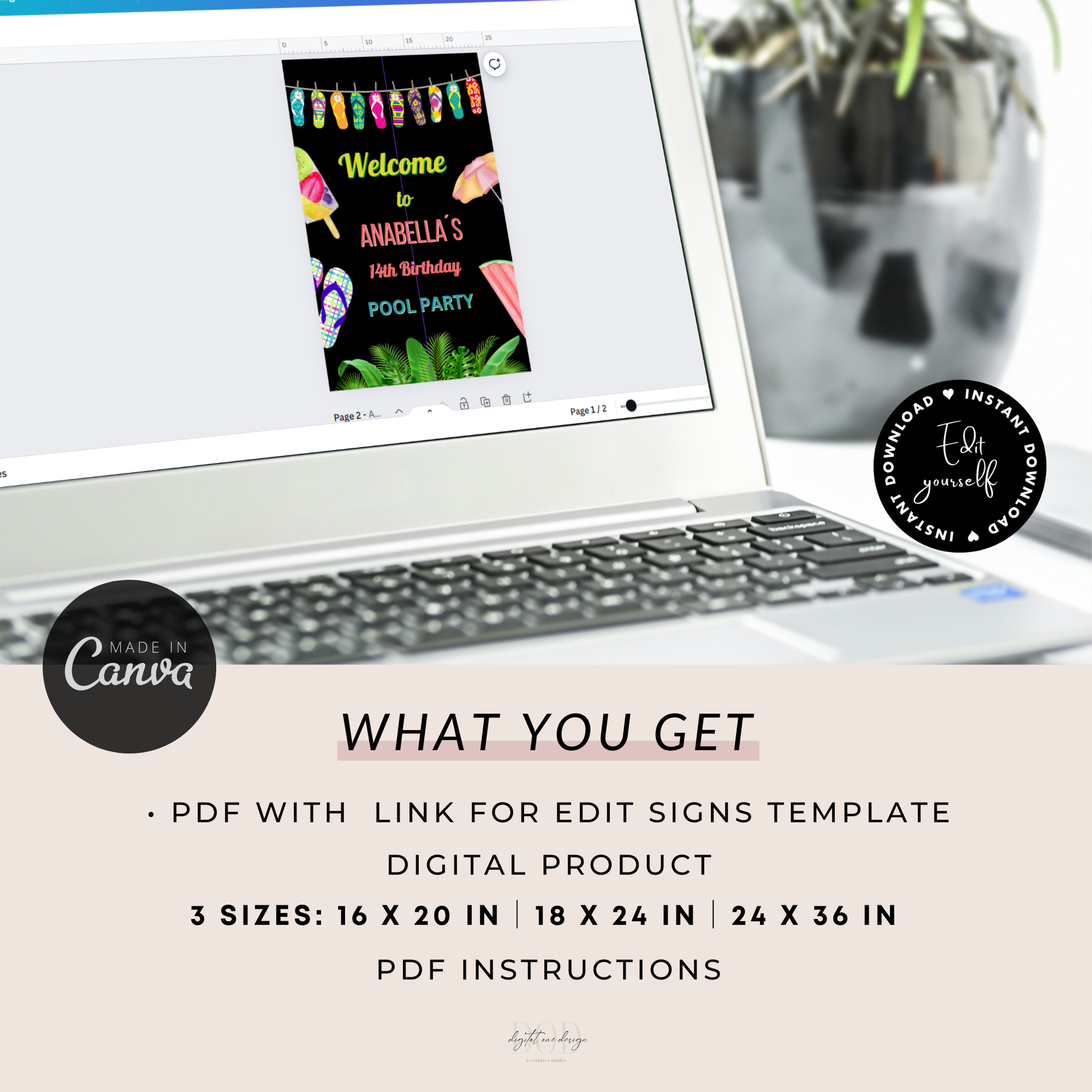 Colorful Flip Flops Pool Party Welcome Sign Template on a laptop screen with digital instructions.