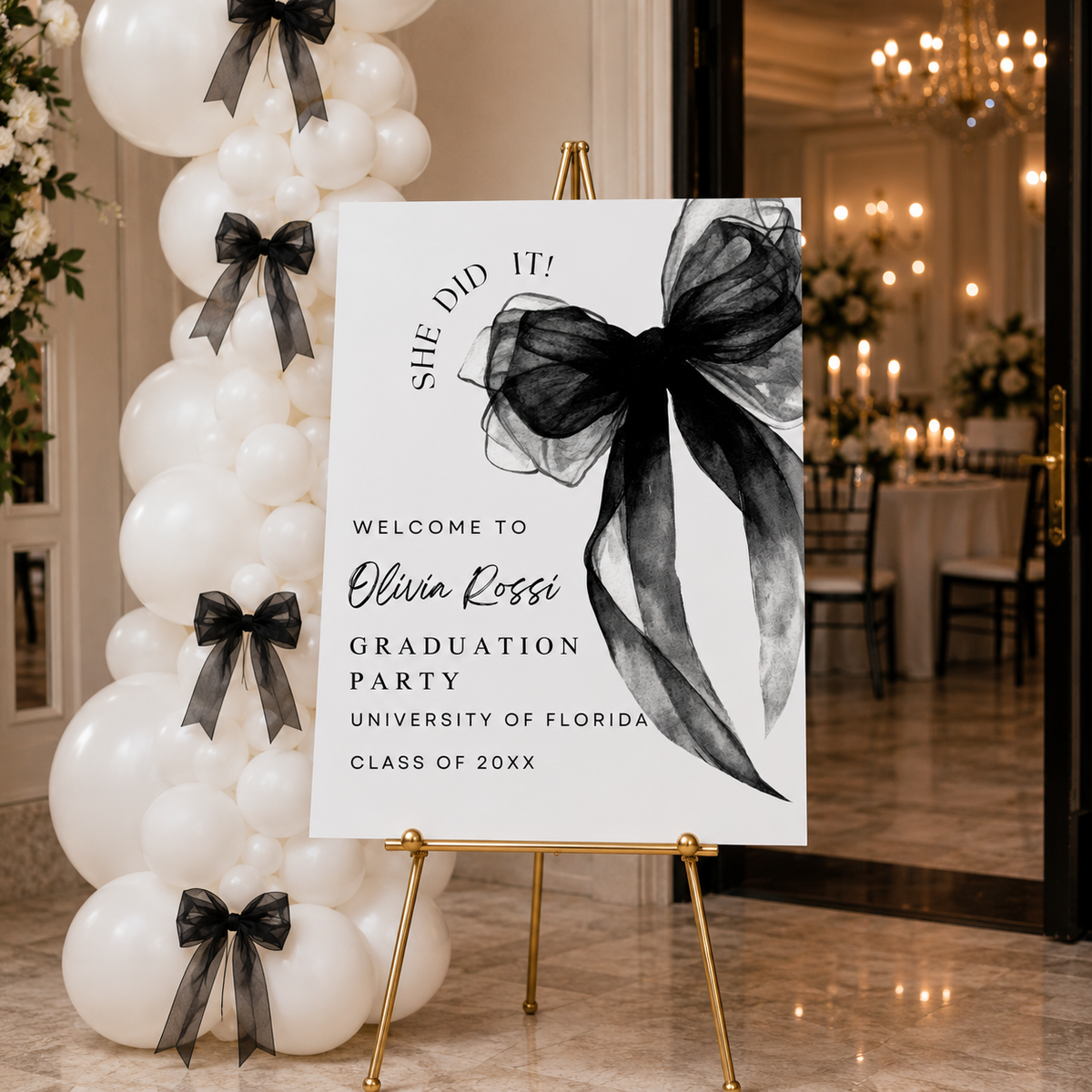 Watercolor Black Bow Coquette Graduation Welcome Sign