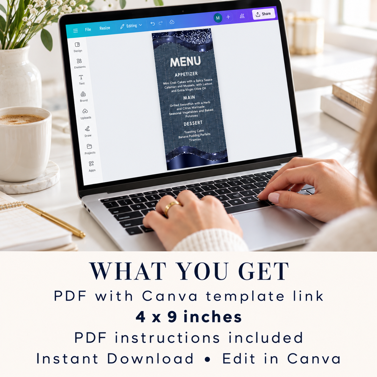 Modern Denim & Diamonds Menu Card Template displayed on a laptop in Canva for easy editing.
