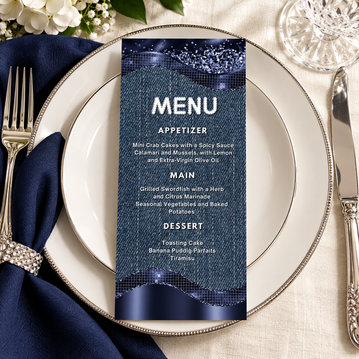 Modern Denim & Diamonds Menu Card Template displayed on a decorative plate, featuring a denim background and sparkling accents.