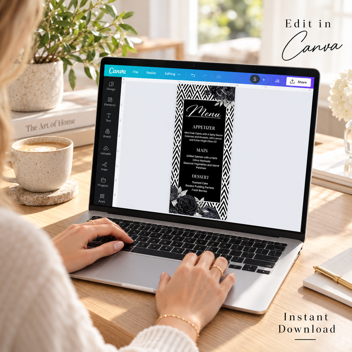 Black and White Floral Menu Template 4x9 displayed on a laptop screen, editable in Canva with elegant design.