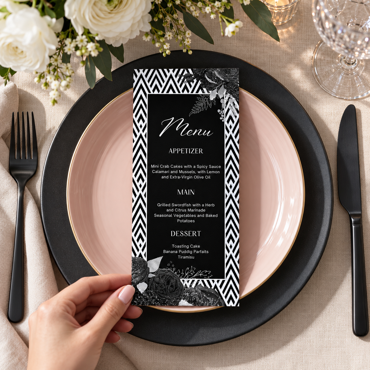 Black and White Floral Menu Template 4x9 displayed on a table setting with a geometric border and black roses.