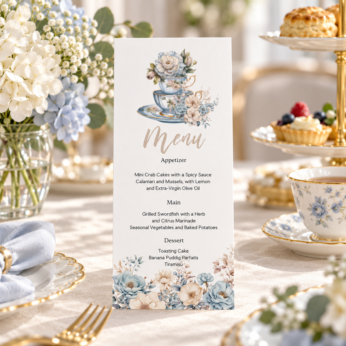 Floral Tea Party Menu Template featuring vintage teacups and a floral design for elegant events.