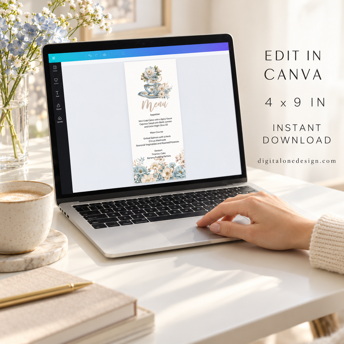 Floral Tea Party Menu Template displayed on a laptop with coffee and flowers, ready for customization in Canva.