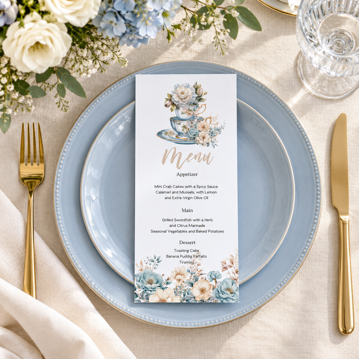 Floral Tea Party Menu Template displayed on a blue plate with floral design, elegant table setting for a tea party.