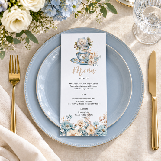 Floral Tea Party Menu Template displayed on a blue plate with floral design, elegant table setting for a tea party.
