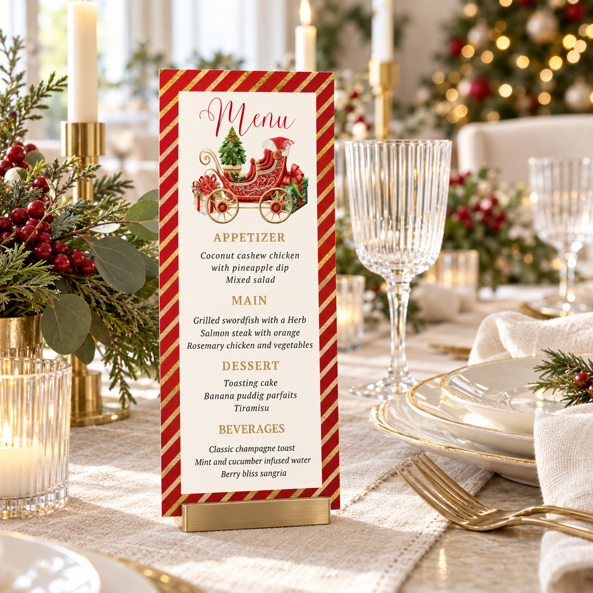 Editable Christmas dinner menu template featuring vintage Santa sleigh illustration and festive striped design.