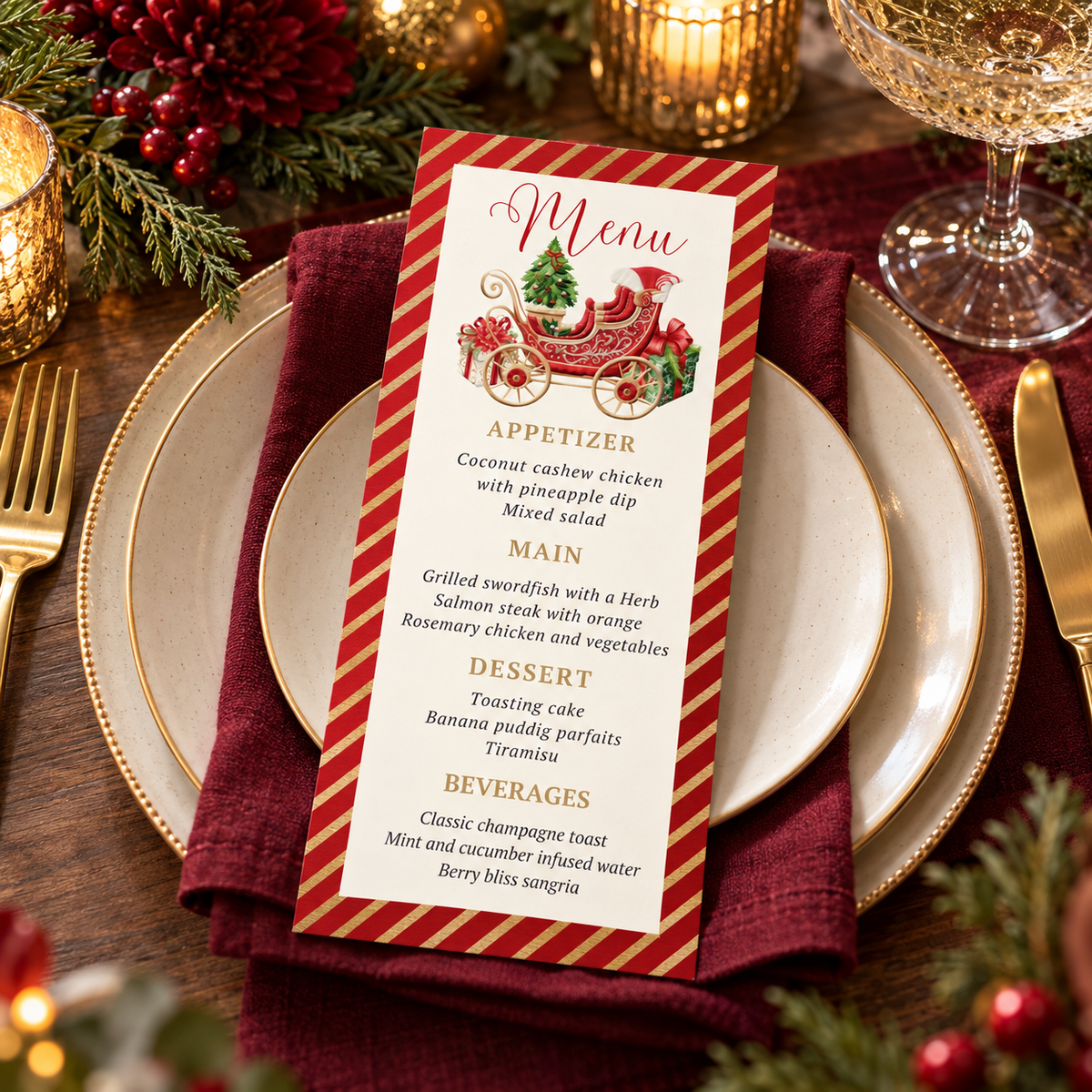 Editable Christmas dinner menu template featuring festive Santa sleigh design with appetizers, main dishes, desserts, and beverages.