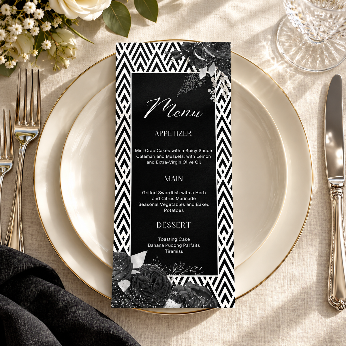 Black and White Floral Menu Template 4x9 featuring dishes and elegant design on a table setting.