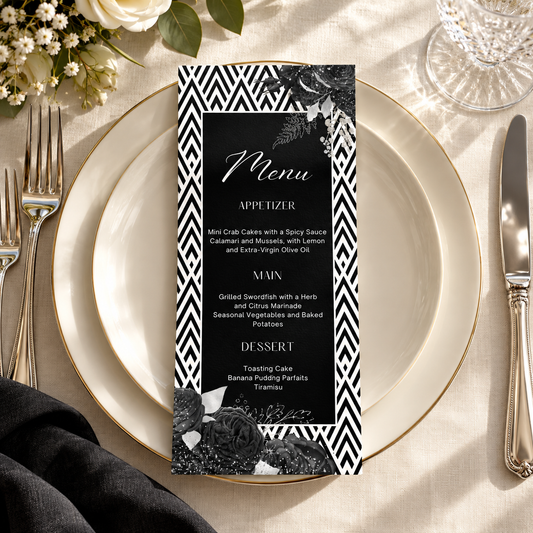 Black and White Floral Menu Template 4x9 featuring dishes and elegant design on a table setting.