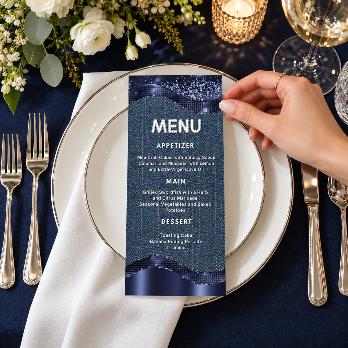 Modern Denim & Diamonds Menu Card Template on a dinner table with elegant cutlery and floral accents.