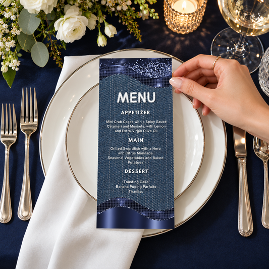 Modern Denim & Diamonds Menu Card Template on a dinner table with elegant cutlery and floral accents.
