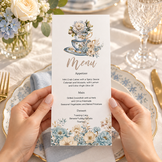 Floral Tea Party Menu Template showcasing a beautifully designed menu with flowers and vintage teacups on an elegantly set table.