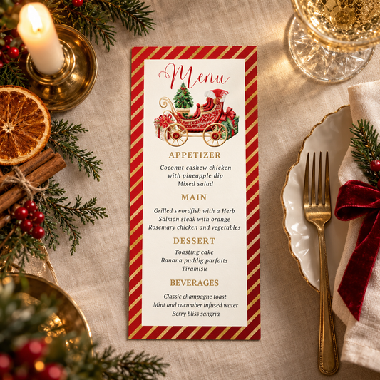 Editable Christmas dinner menu template featuring festive design with Santa sleigh illustration and red gold stripes.