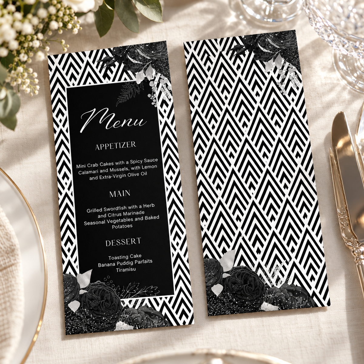 Black and White Floral Menu Template 4x9 featuring a geometric border and floral accents, perfect for elegant events.