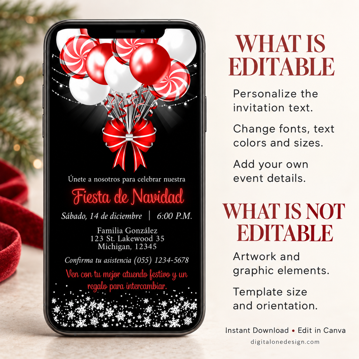 Editable Spanish Candy Cane Balloons Christmas Invitation displayed on a phone with festive design for a holiday event.