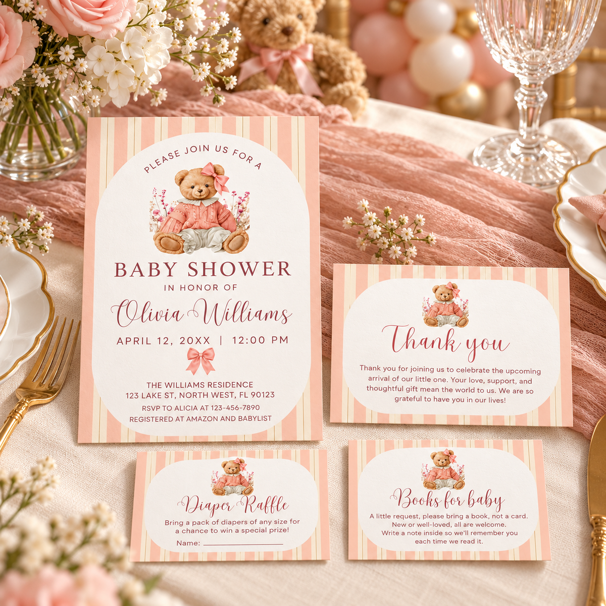 Pink Teddy Bear Baby Shower Invitation Bundle featuring a sweet teddy bear, pink striped background, and matching stationery.