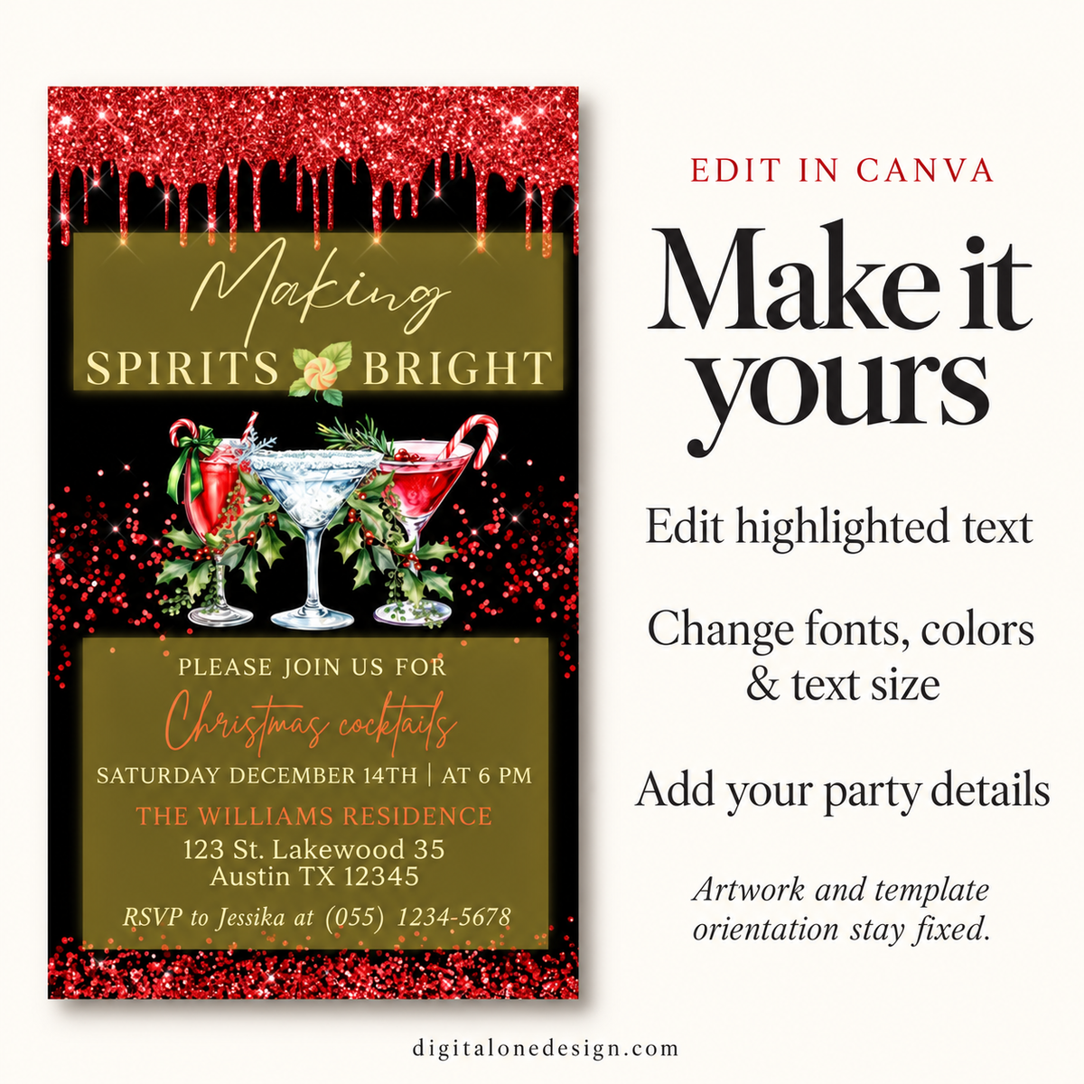 Digital Holiday Cocktail Party Invitation featuring vibrant design for customizable festive celebration.