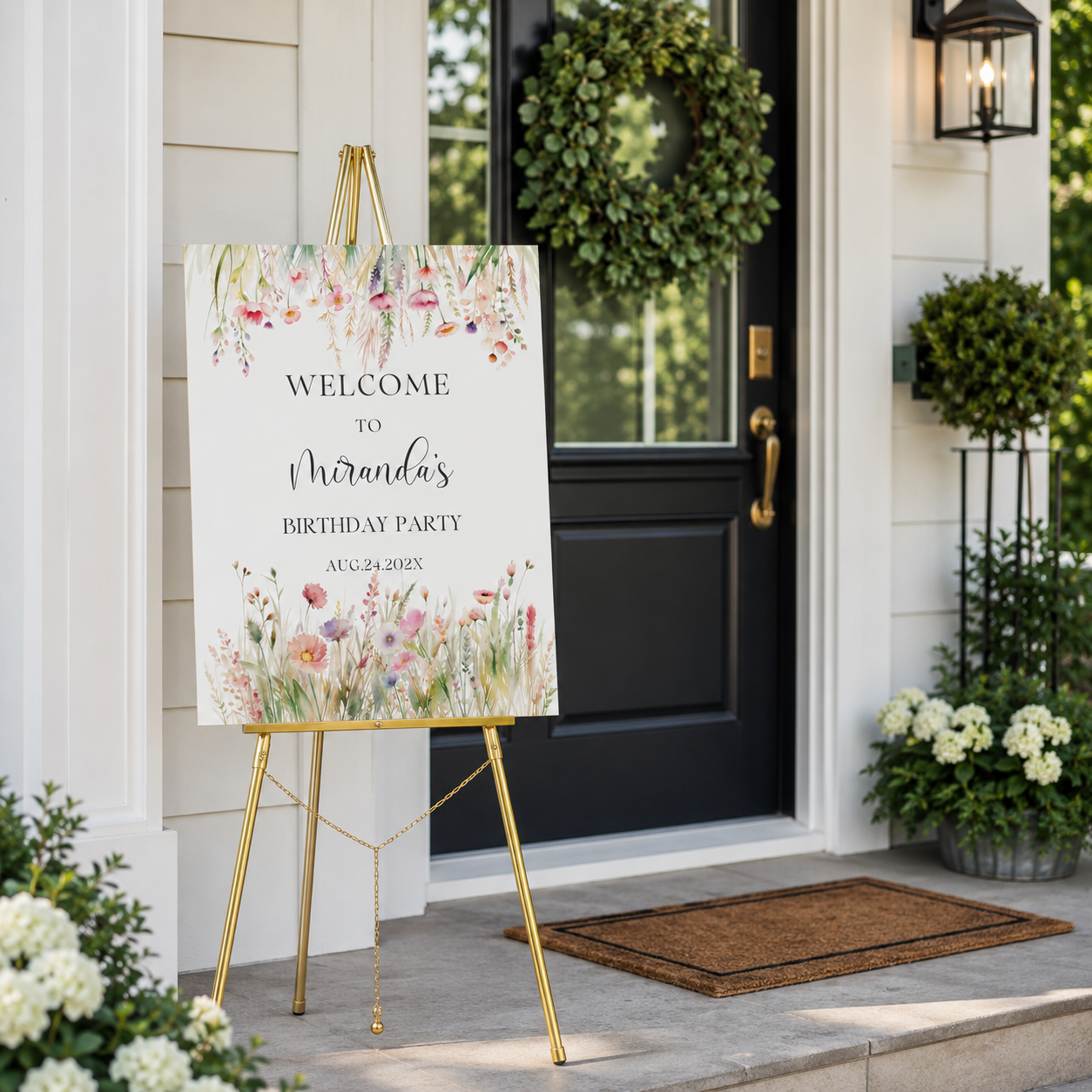 Editable watercolor wildflowers birthday welcome sign displayed outdoors at a birthday party entrance.