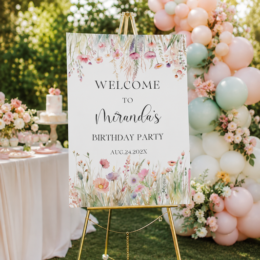 Editable watercolor wildflowers birthday welcome sign featuring floral design for birthday celebration.