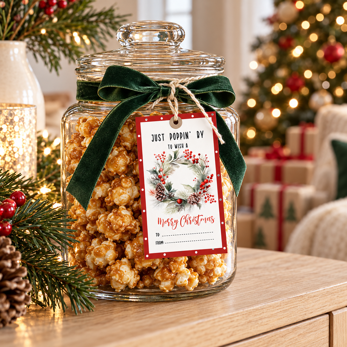 Just Poppin’ By Christmas Gift Tag | Printable Wreath Tag