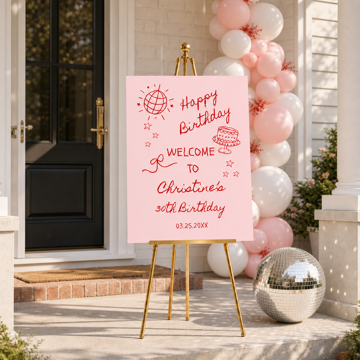 outsidEditable 30th Birthday Welcome Sign  Hand-Drawn Canva Templatee a house, decorated for a birthday party.