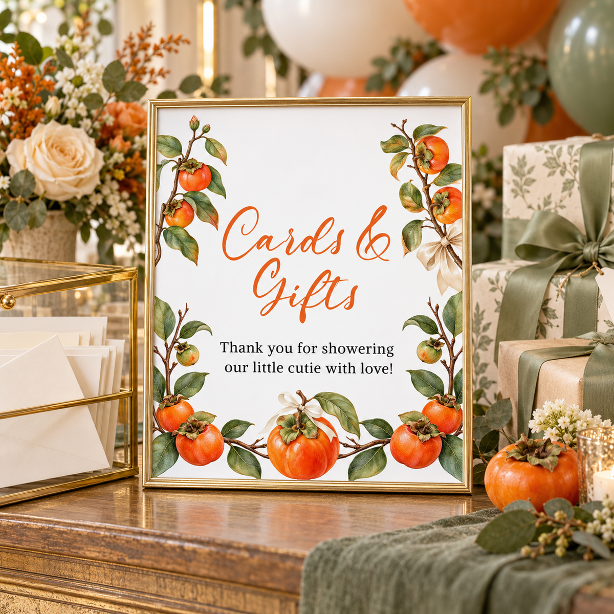 Little Cutie Persimmon Baby Shower Signs Bundle - Cards & Gifts sign with watercolor persimmons and greenery.